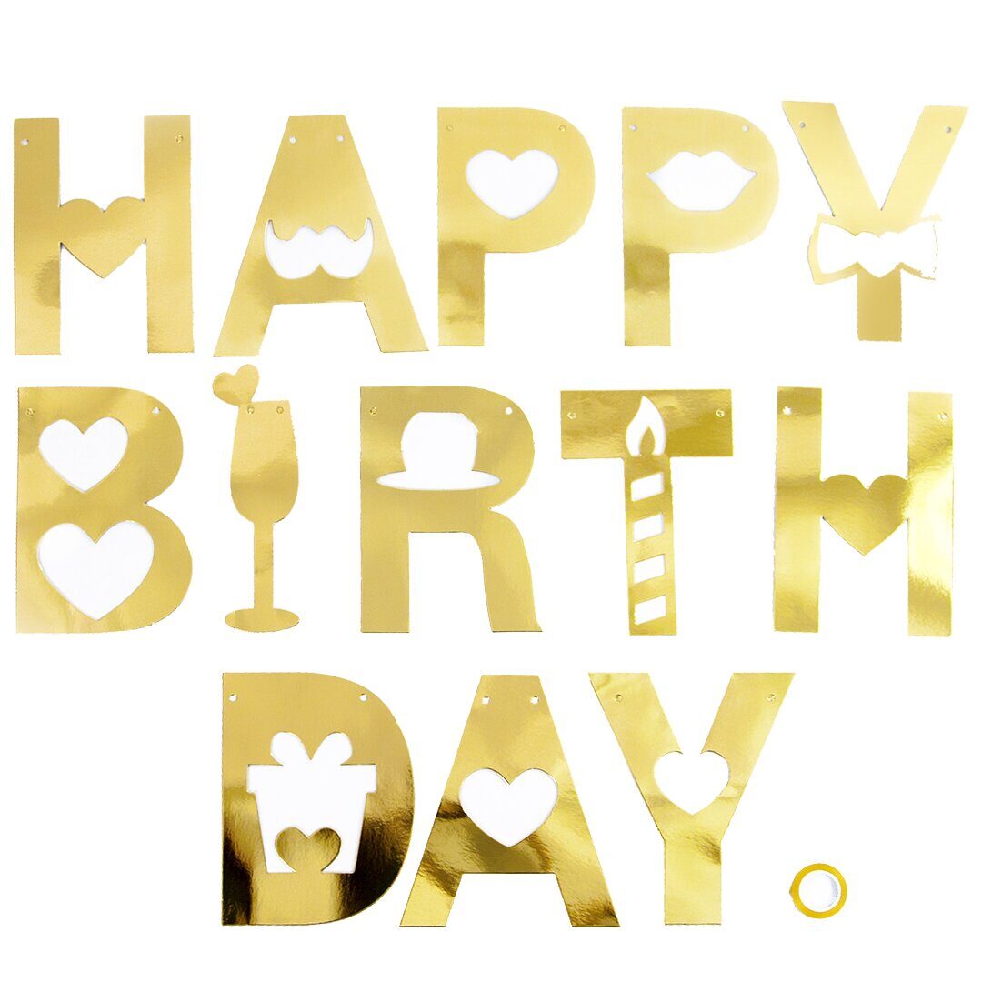 Гирлянда - "Happy Birthday (резные сердца), Золото, Металлик
